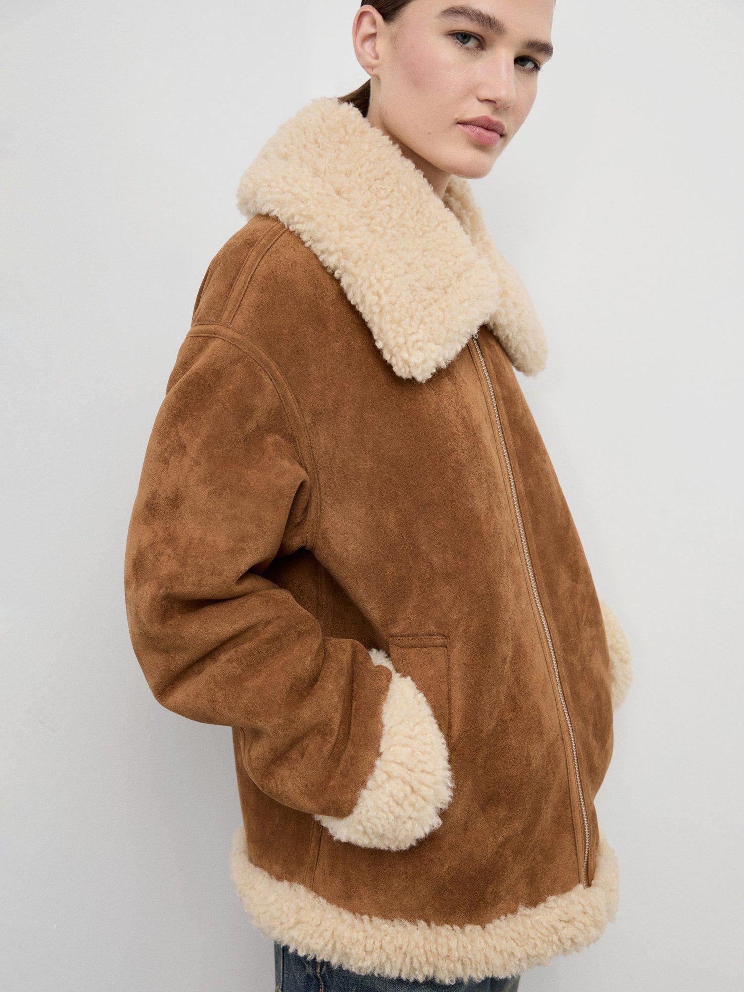 Product image 7 of 8, which shows Mango Adriana Shearling Effect Collar Faux Suede Jacket, Brown, L