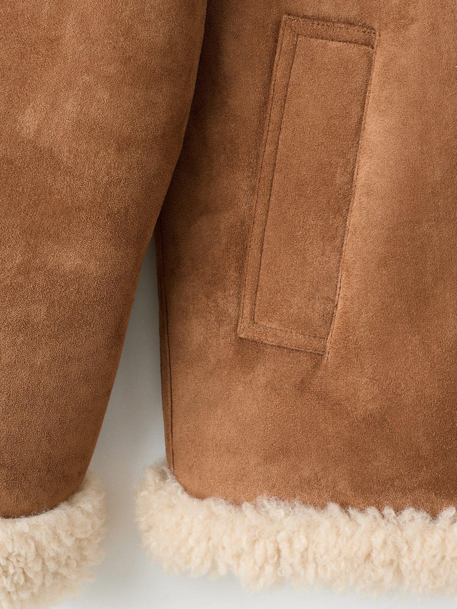 Product image 8 of 8, which shows Mango Adriana Shearling Effect Collar Faux Suede Jacket, Brown, L