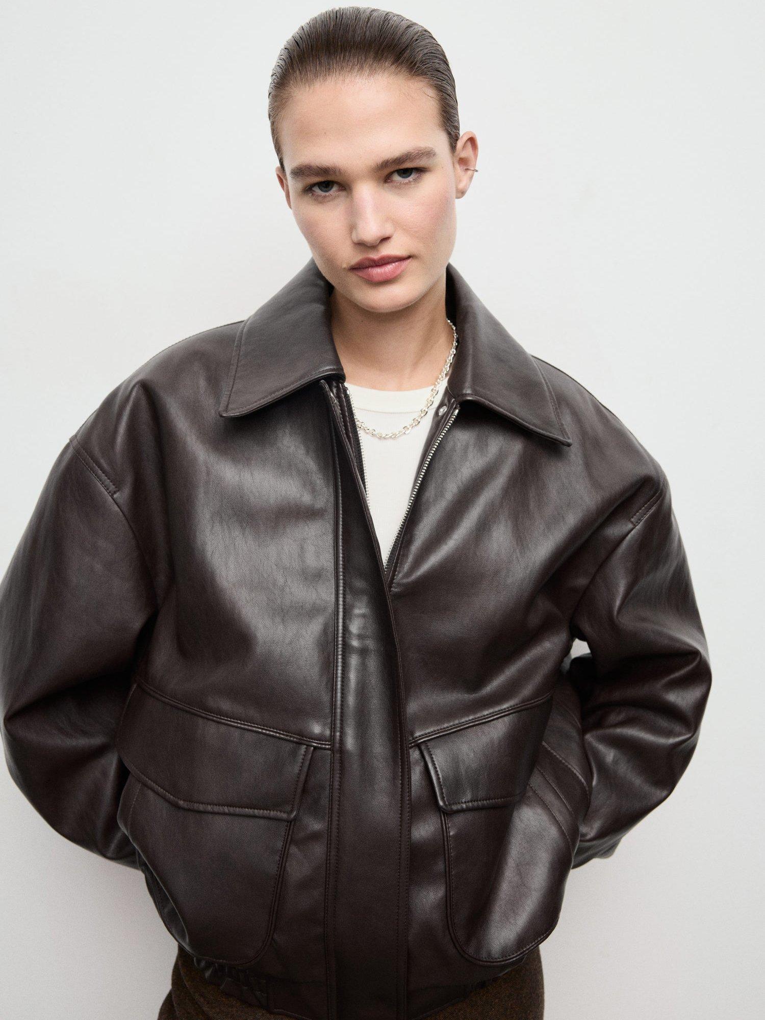 Product image 1 of 8, which shows Mango Marti Loose Fit Faux Leather Jacket, Brown, S