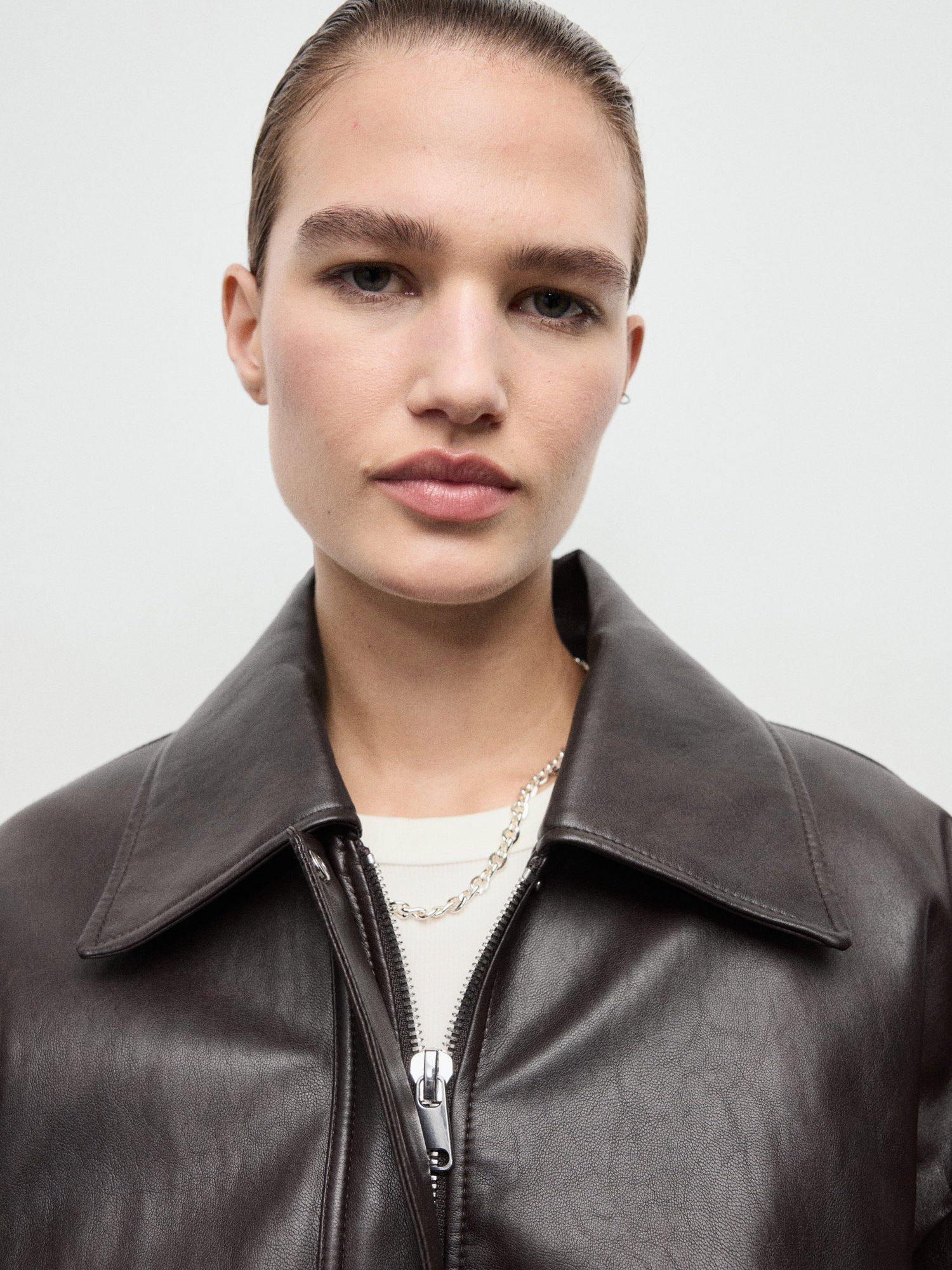 Product image 6 of 8, which shows Mango Marti Loose Fit Faux Leather Jacket, Brown, S