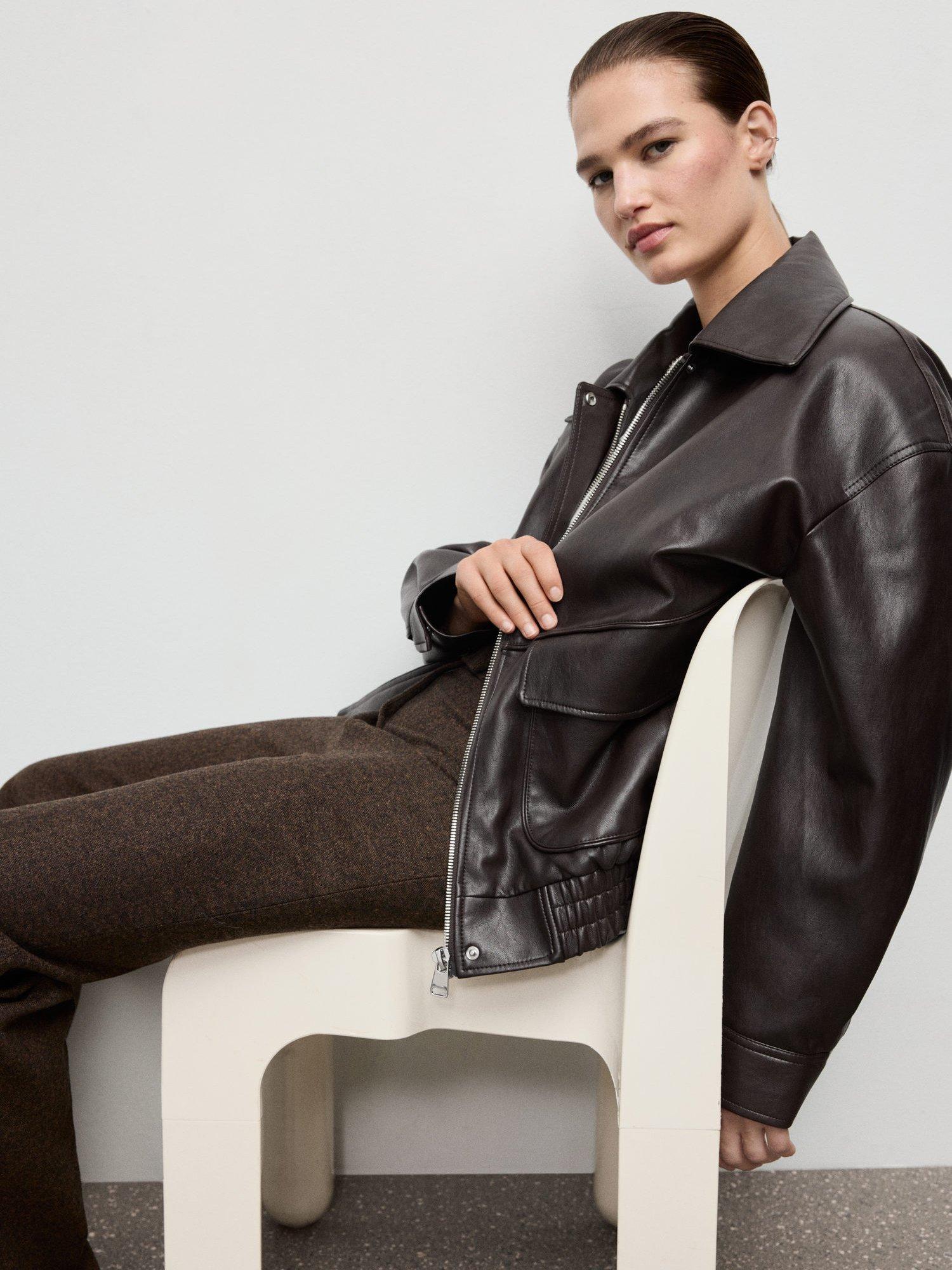 Product image 7 of 8, which shows Mango Marti Loose Fit Faux Leather Jacket, Brown, S