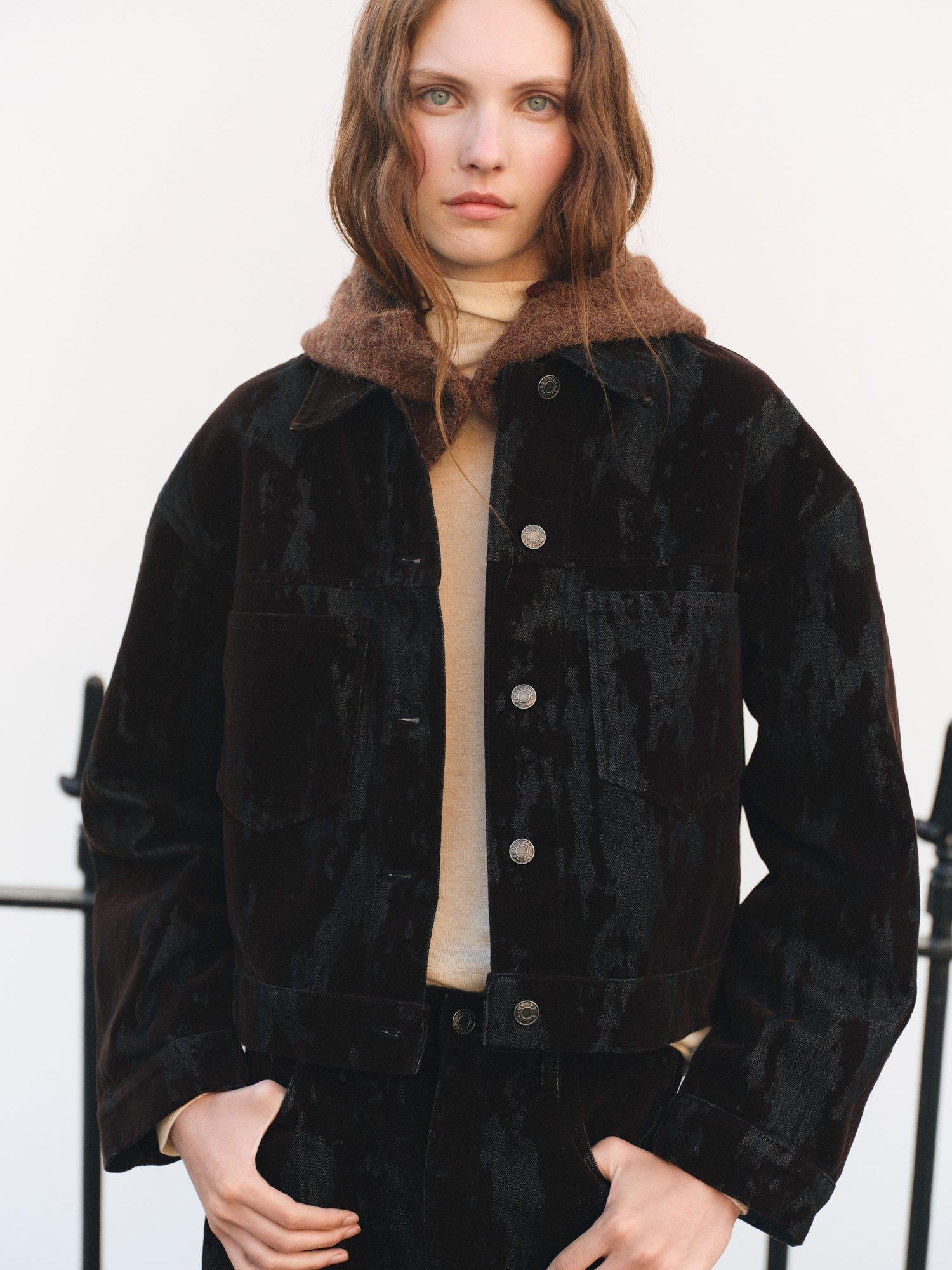 Product image 1 of 7, which shows Mango Olimpiap Jacquard Denim Jacket, Dark Brown, L