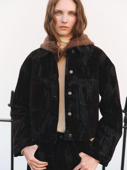 Mango Olimpiap Jacquard Denim Jacket, Dark Brown, Dark Brown