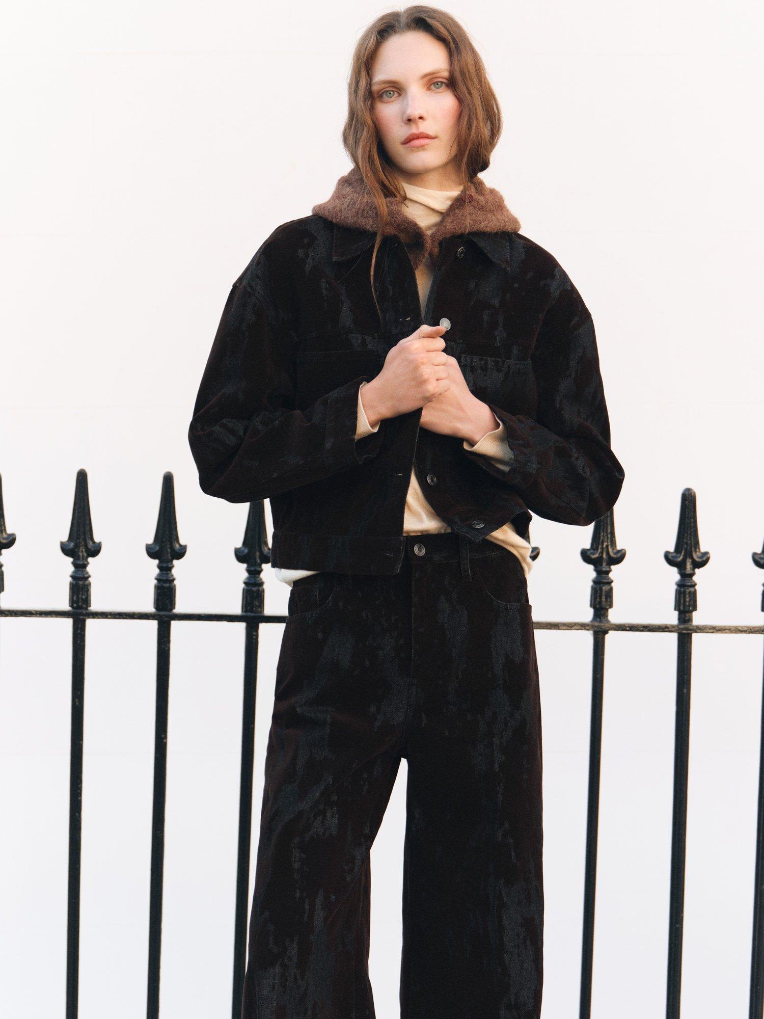 Product image 2 of 7, which shows Mango Olimpiap Jacquard Denim Jacket, Dark Brown, L