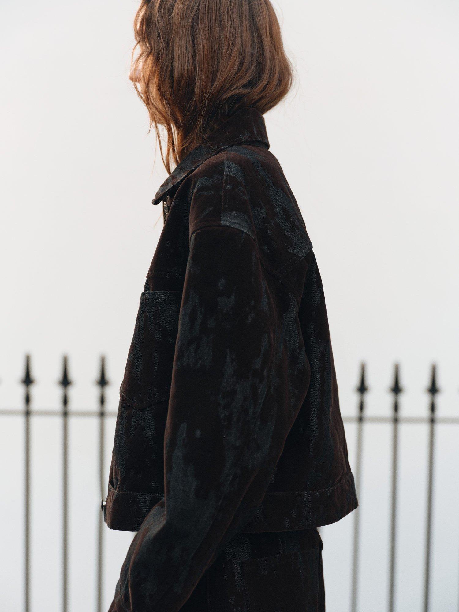 Product image 6 of 7, which shows Mango Olimpiap Jacquard Denim Jacket, Dark Brown, L