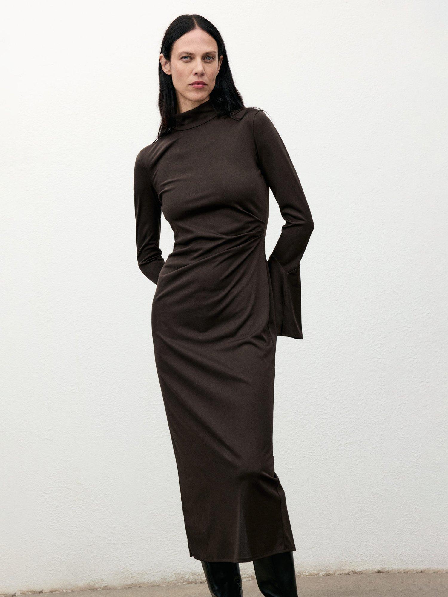 Product image 1 of 7, which shows Mango Venus Fitted Midi Dress, Brown, 10