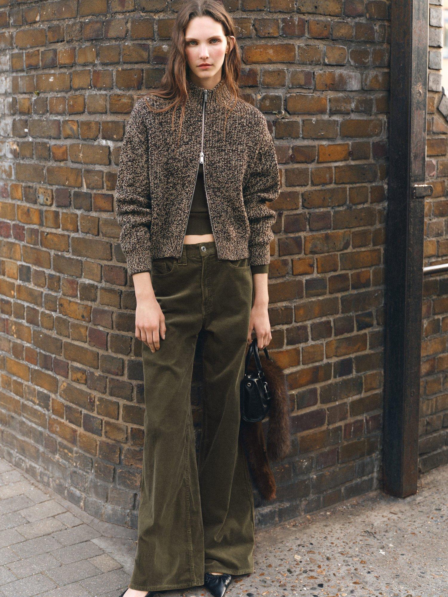 Product image 1 of 6, which shows Mango Wide Leg Corduroy Jeans, Khaki, 10