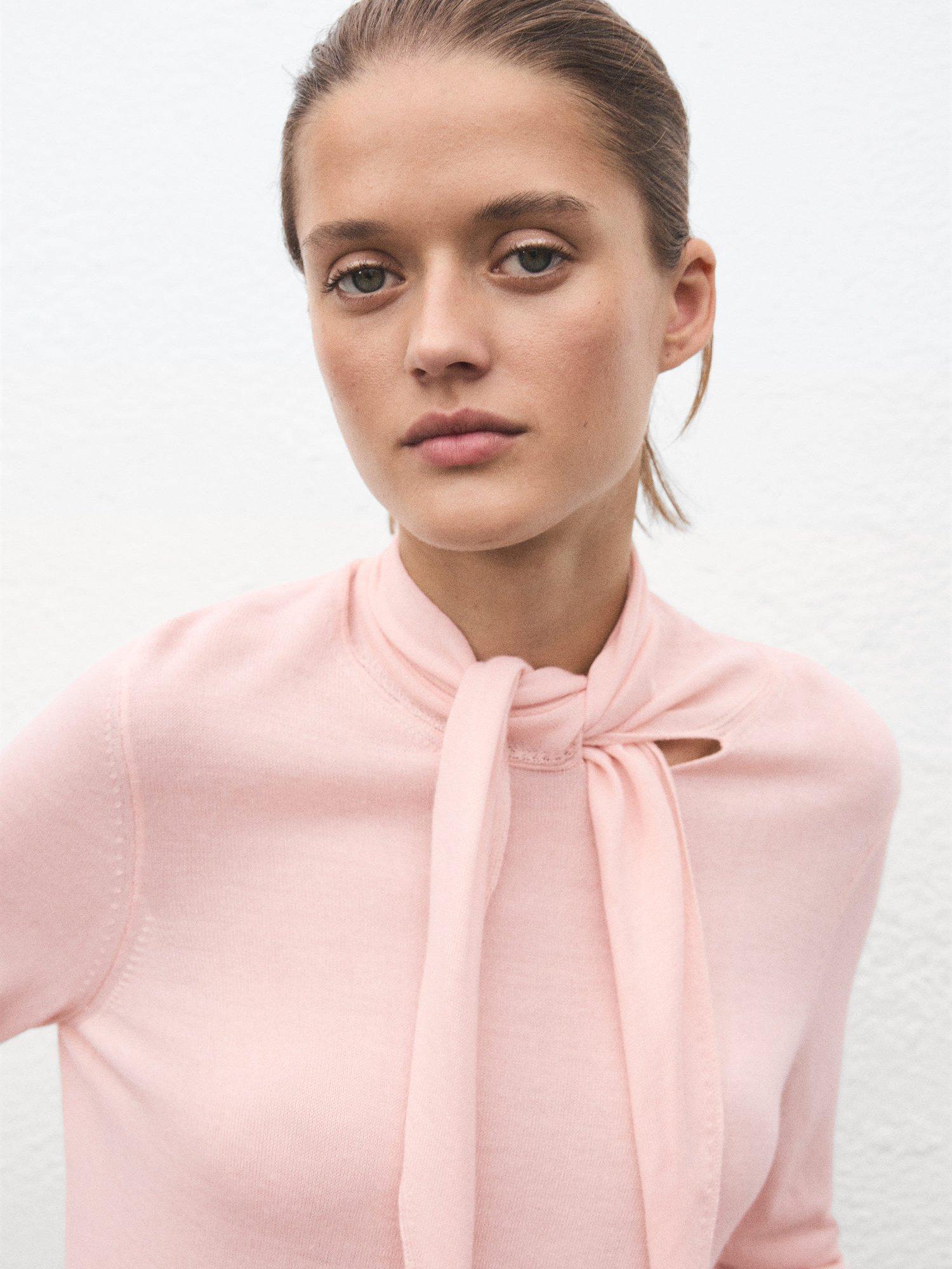 Product image 6 of 8, which shows Mango Amaio Knot Neck Jumper, Pastel Pink, S