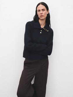 Mango Botori Ribbed Knit Button Neck Jumper, Navy, Navy