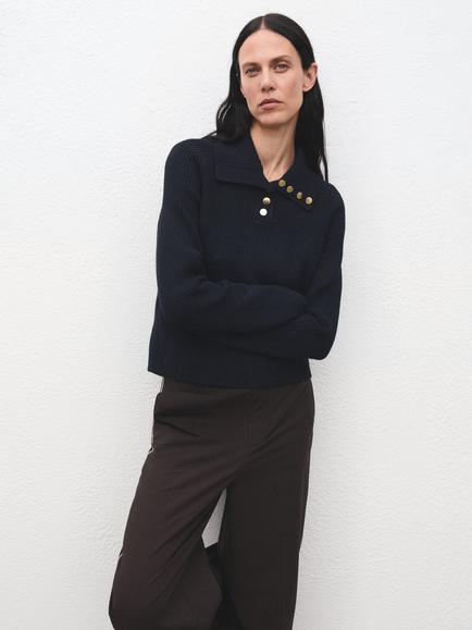 Mango Botori Ribbed Knit Button Neck Jumper, Navy, Navy