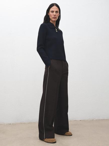 Mango Botori Ribbed Knit Button Neck Jumper, Navy - view 2, Navy