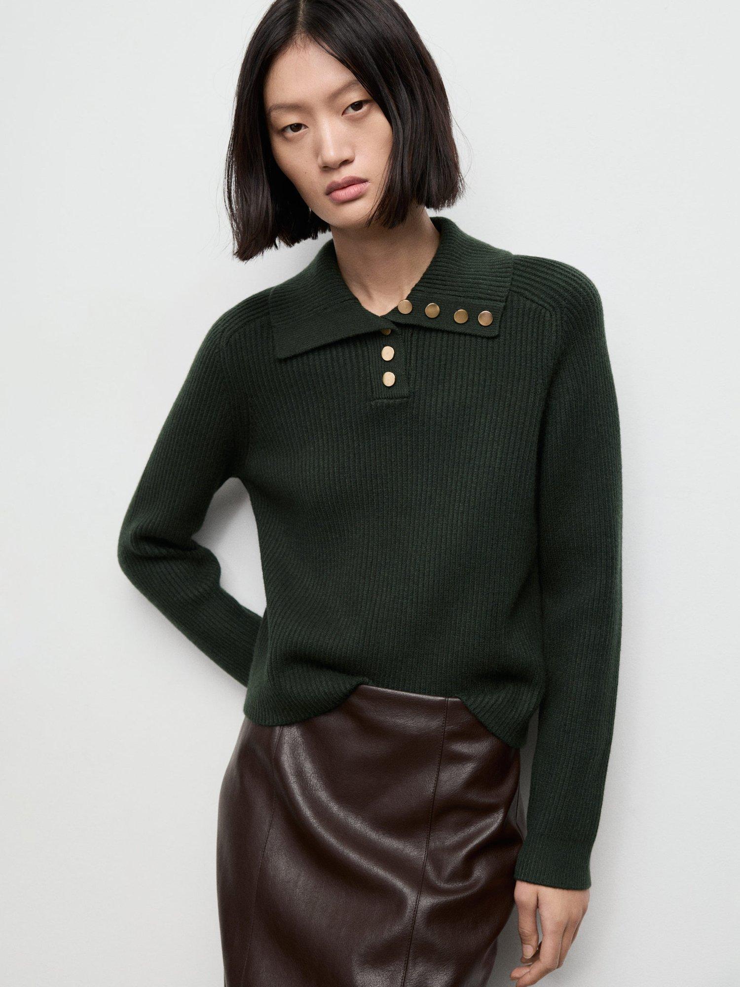 Product image 1 of 7, which shows Mango Botori Ribbed Knit Button Neck Jumper, Dark Green, XS