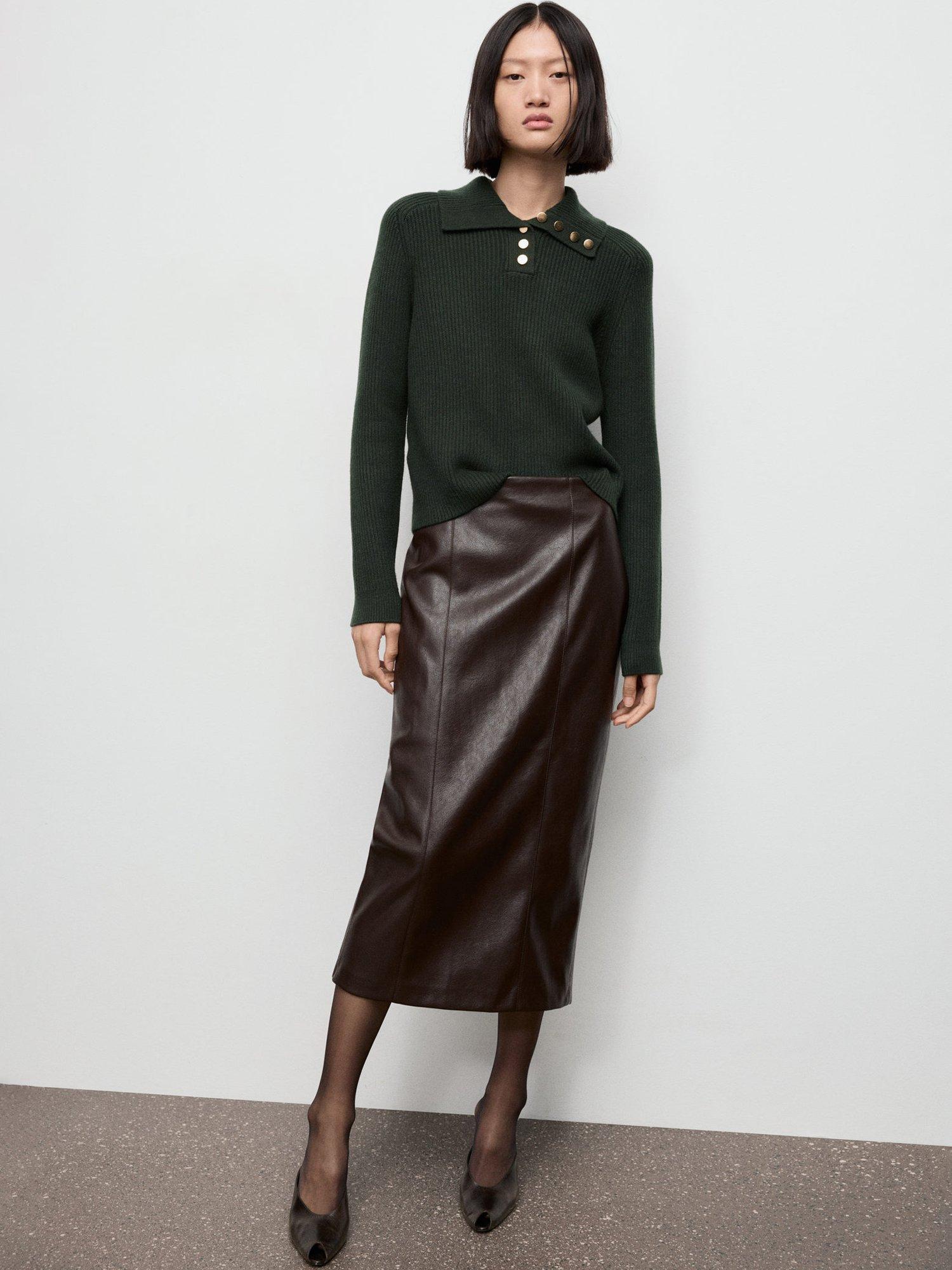 Product image 2 of 7, which shows Mango Botori Ribbed Knit Button Neck Jumper, Dark Green, XS