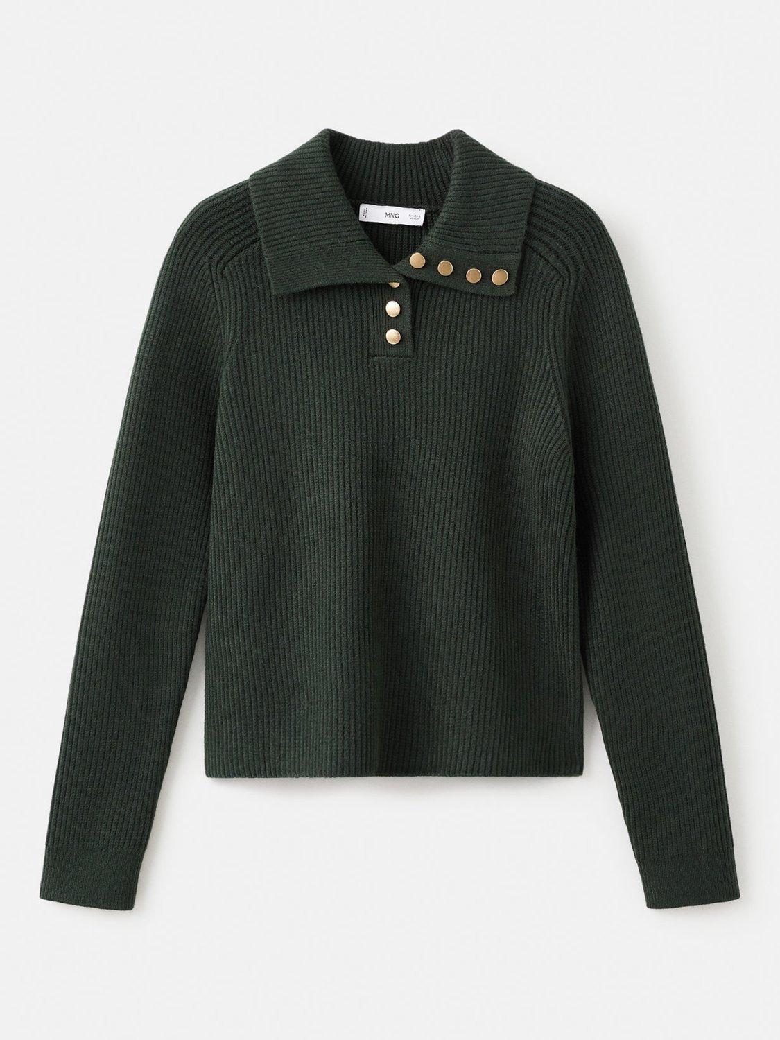 Product image 3 of 7, which shows Mango Botori Ribbed Knit Button Neck Jumper, Dark Green, XS