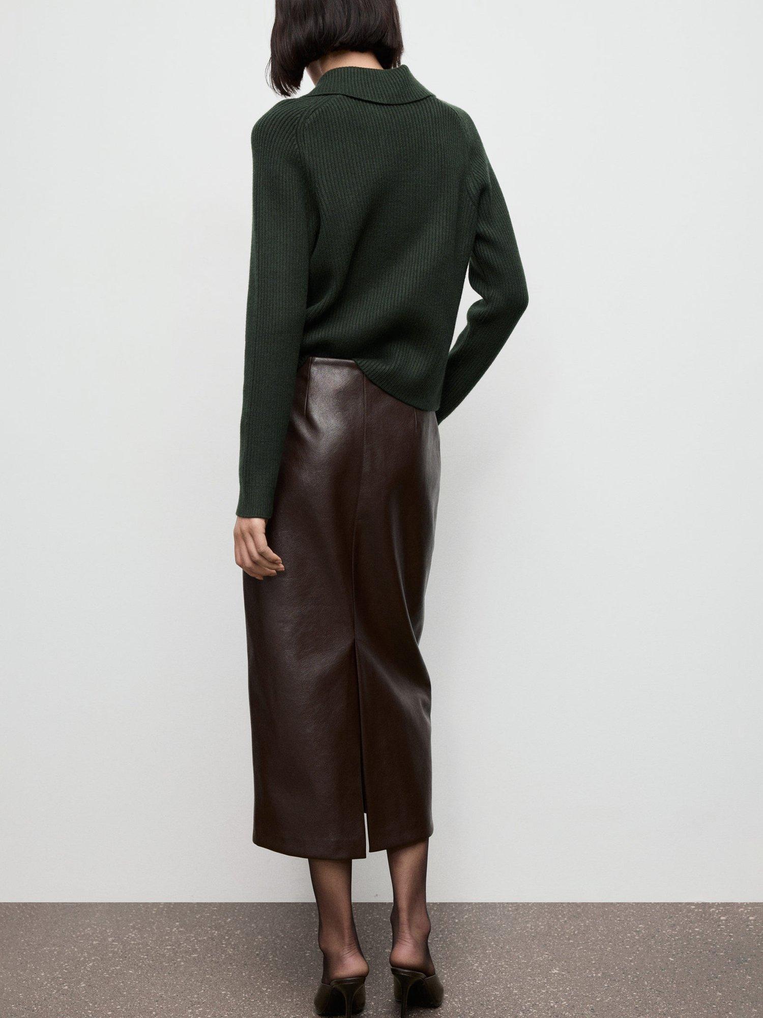 Product image 4 of 7, which shows Mango Botori Ribbed Knit Button Neck Jumper, Dark Green, XS