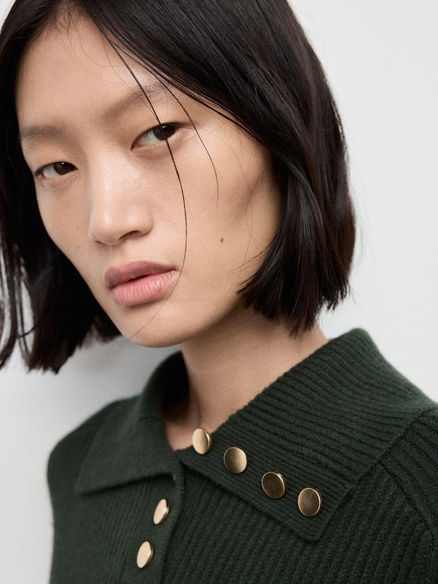 Product image 6 of 7, which shows Mango Botori Ribbed Knit Button Neck Jumper, Dark Green, XS