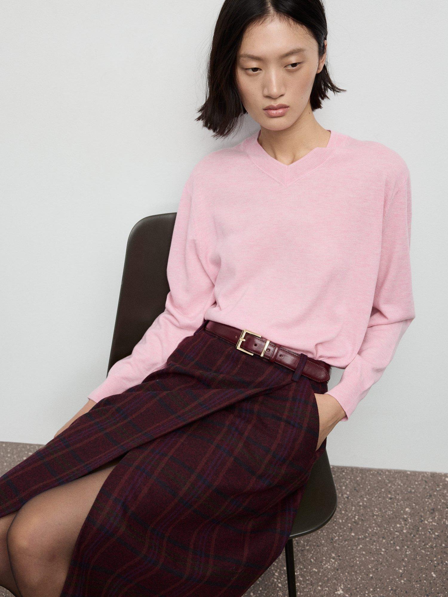 Product image 1 of 7, which shows Mango Milo V-Neck Jumper with Wool, Pink, XS