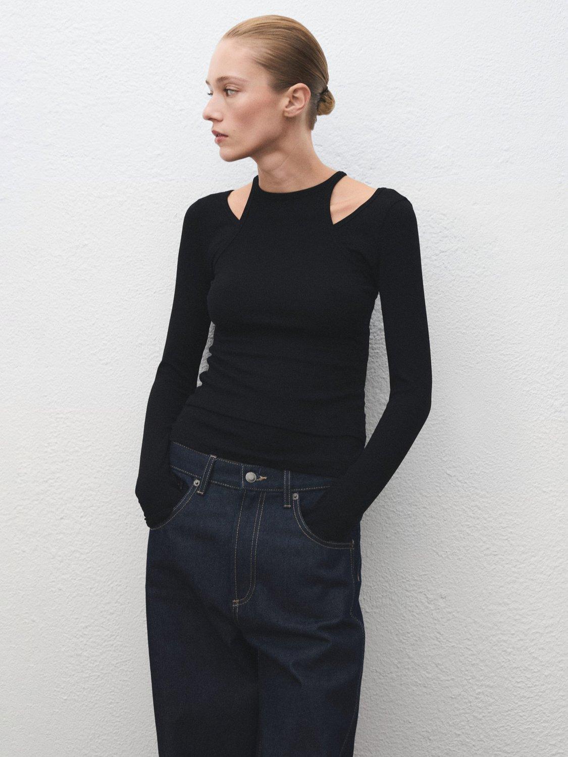 Product image 1 of 8, which shows Mango Maral Long Sleeve T-Shirt, Black, XS