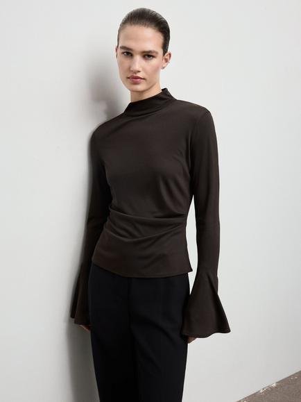 Mango Venus Side Ruffle Flared Sleeve Top, Brown, Brown