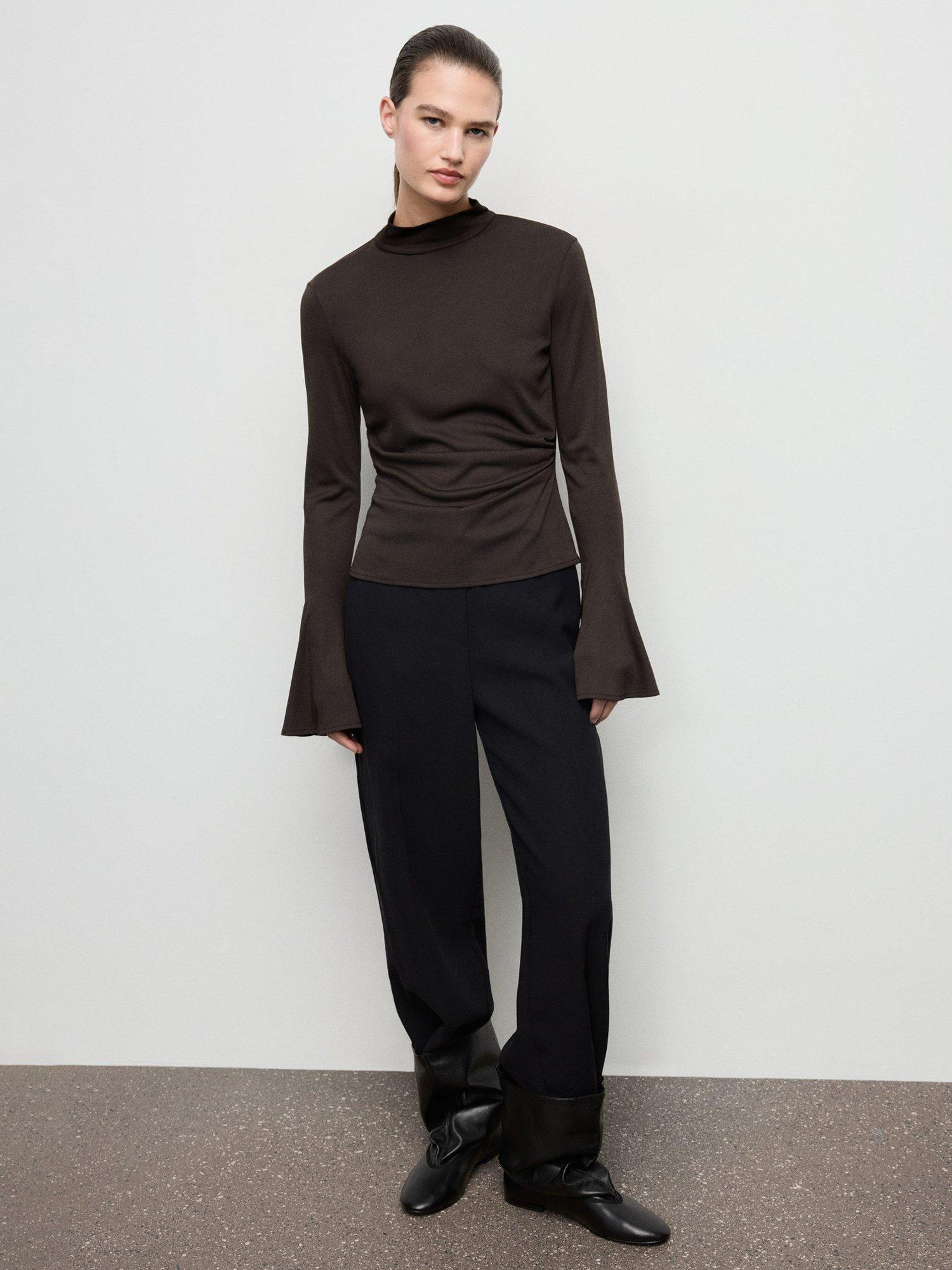 Product image 2 of 8, which shows Mango Venus Side Ruffle Flared Sleeve Top, Brown, L