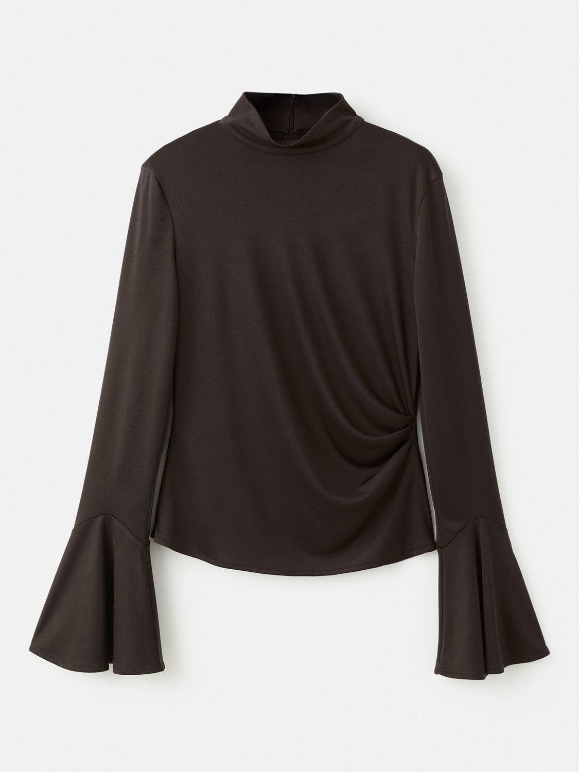 Product image 3 of 8, which shows Mango Venus Side Ruffle Flared Sleeve Top, Brown, L