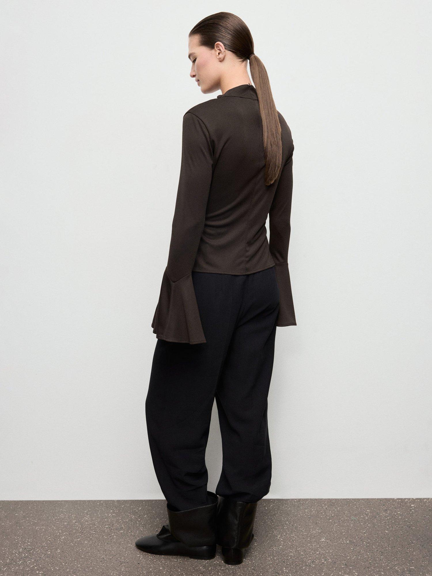 Product image 4 of 8, which shows Mango Venus Side Ruffle Flared Sleeve Top, Brown, L