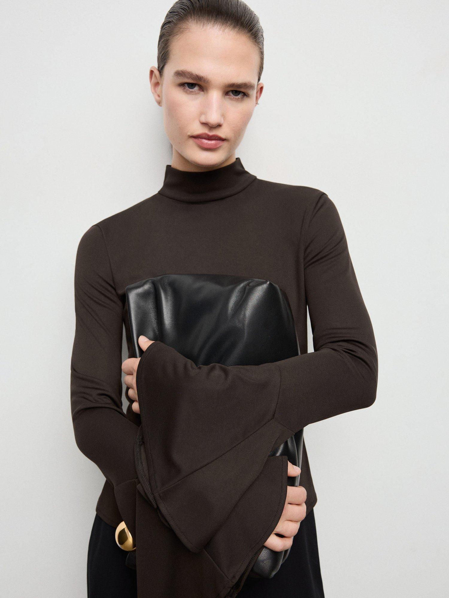 Product image 7 of 8, which shows Mango Venus Side Ruffle Flared Sleeve Top, Brown, L