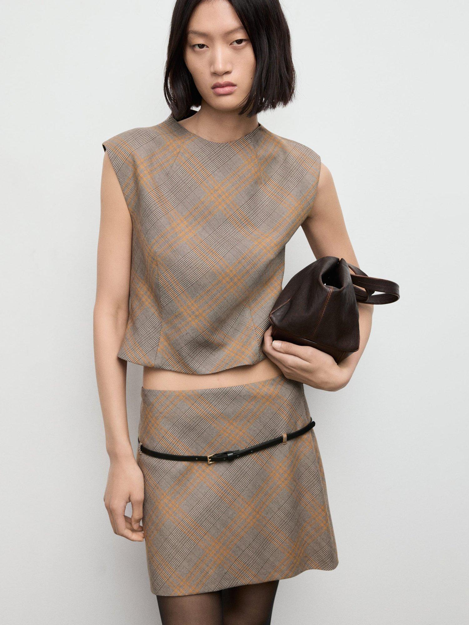 Product image 1 of 8, which shows Mango Melo Sleeveless Check Top, Brown, L