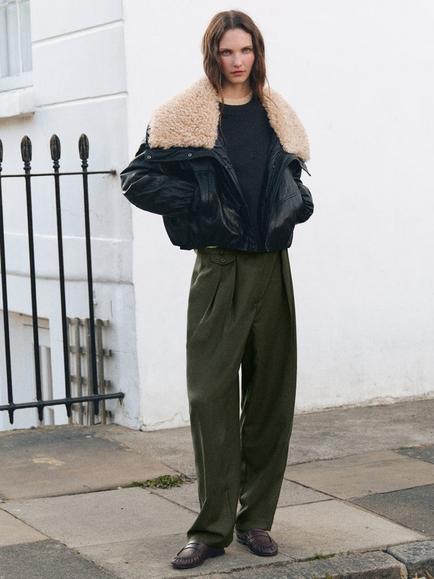 Mango Nasa Button Detail Pleat Trousers, Khaki - view 2, Dark Green