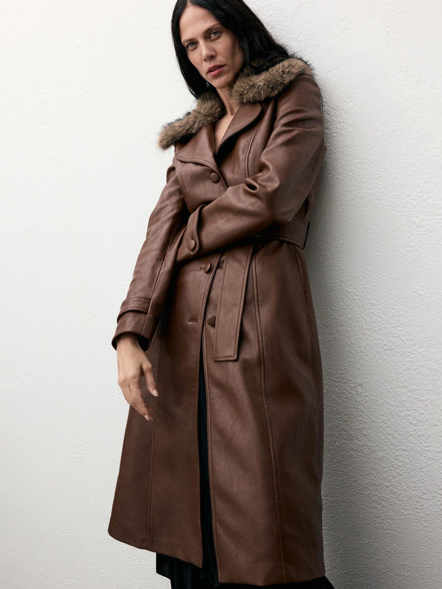 Product image 1 of 9, which shows Mango Fernanda Faux Leather Coat, Brown, 4XL