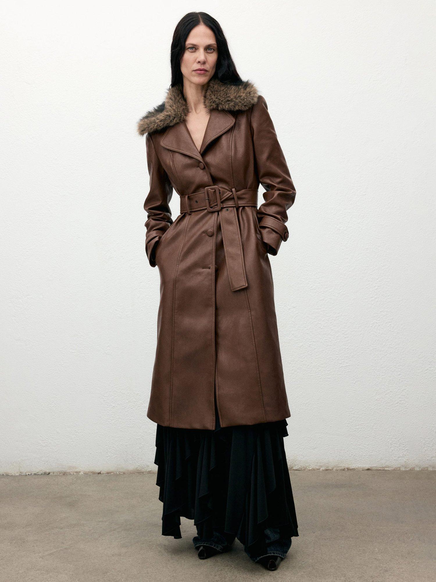 Product image 2 of 9, which shows Mango Fernanda Faux Leather Coat, Brown, 4XL