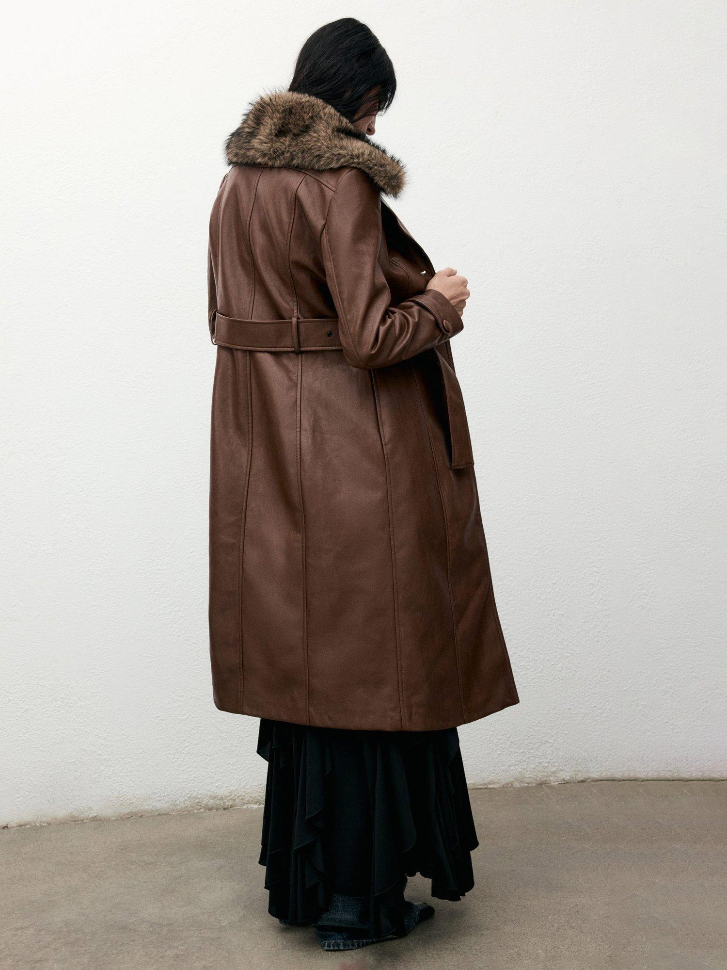 Product image 4 of 9, which shows Mango Fernanda Faux Leather Coat, Brown, 4XL