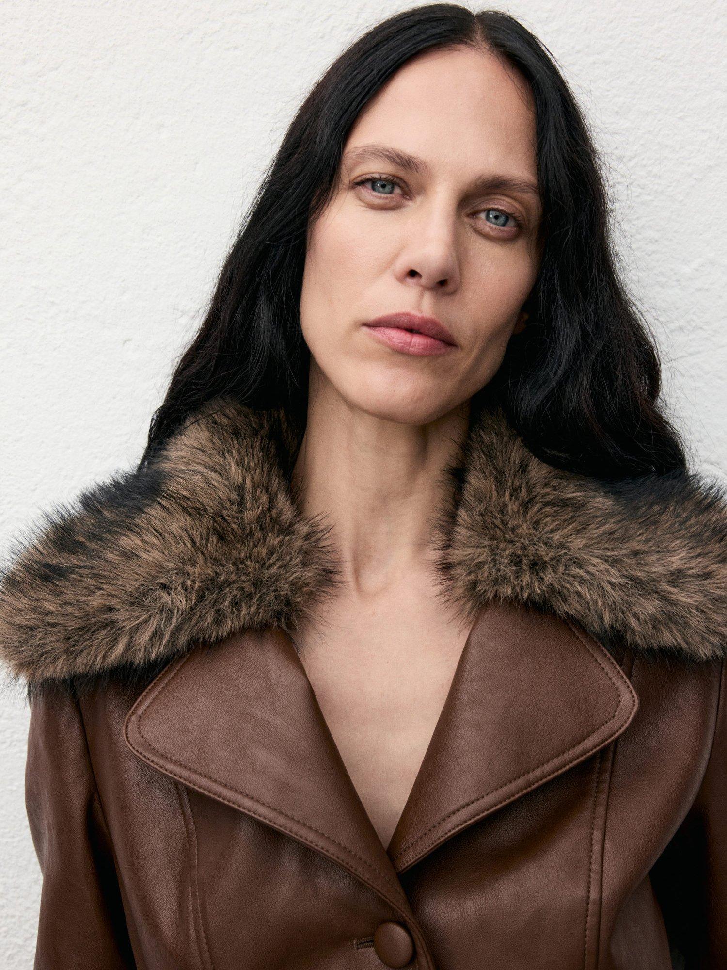 Product image 6 of 9, which shows Mango Fernanda Faux Leather Coat, Brown, 4XL