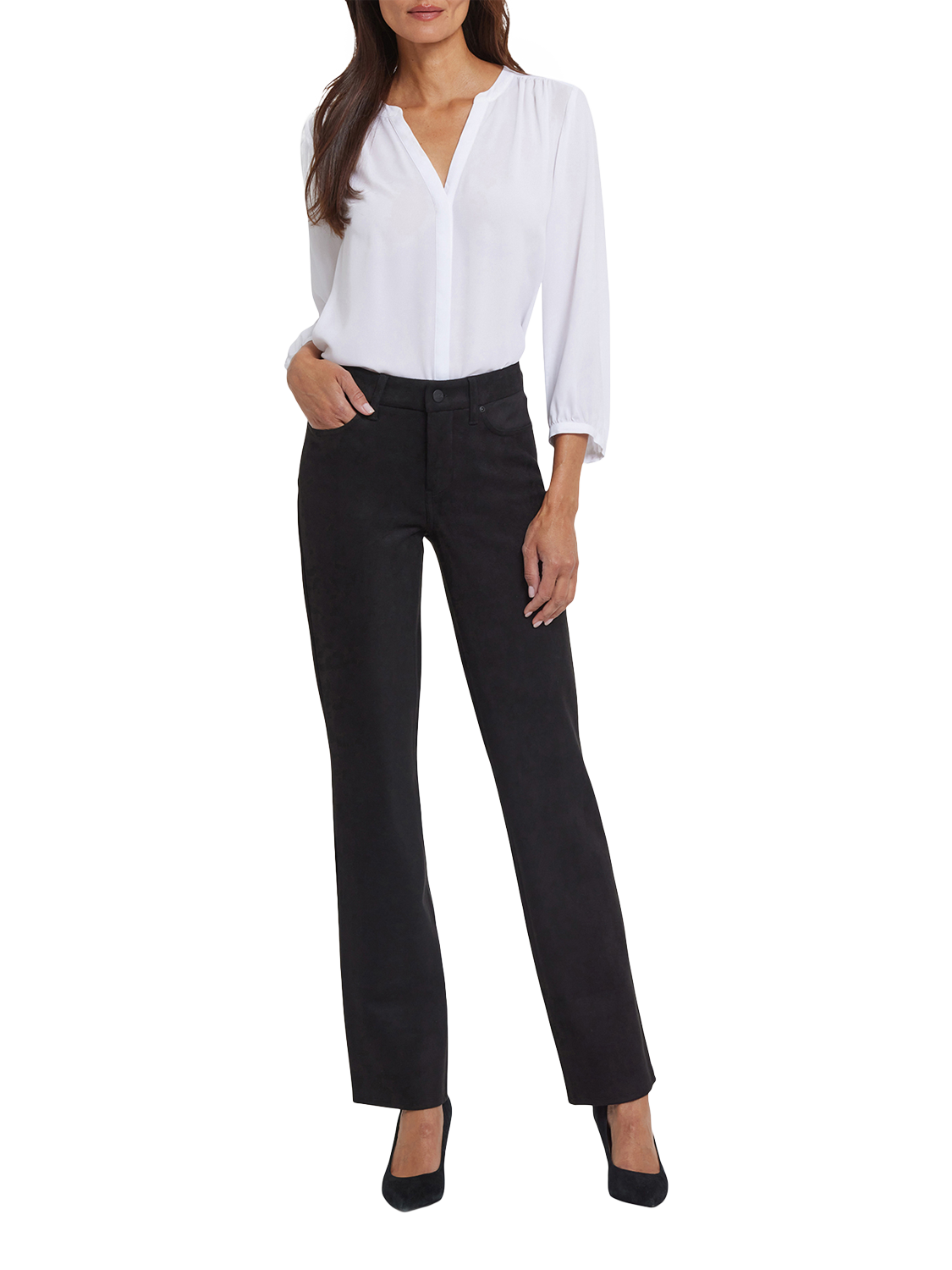 Product image 1 of 5, which shows NYDJ Marilyn Straight Faux Suede Jeans, Black, 4