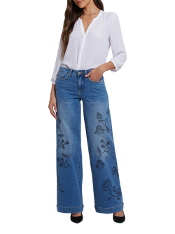 NYDJ Teresa Embroidered Floral Wide Leg Jeans, Water Canyon, Water Canyon