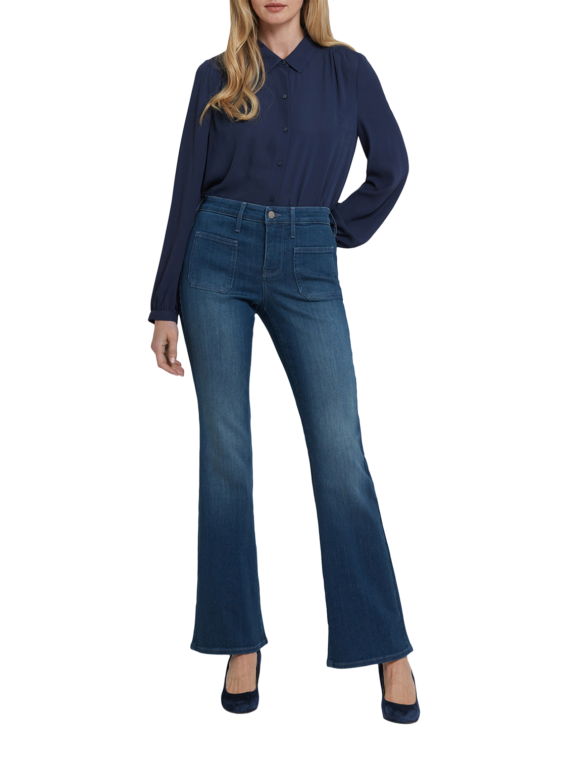 Product image 1 of 5, which shows NYDJ Ava Patch Pockets Flared Jeans, Hugo Rain, 4