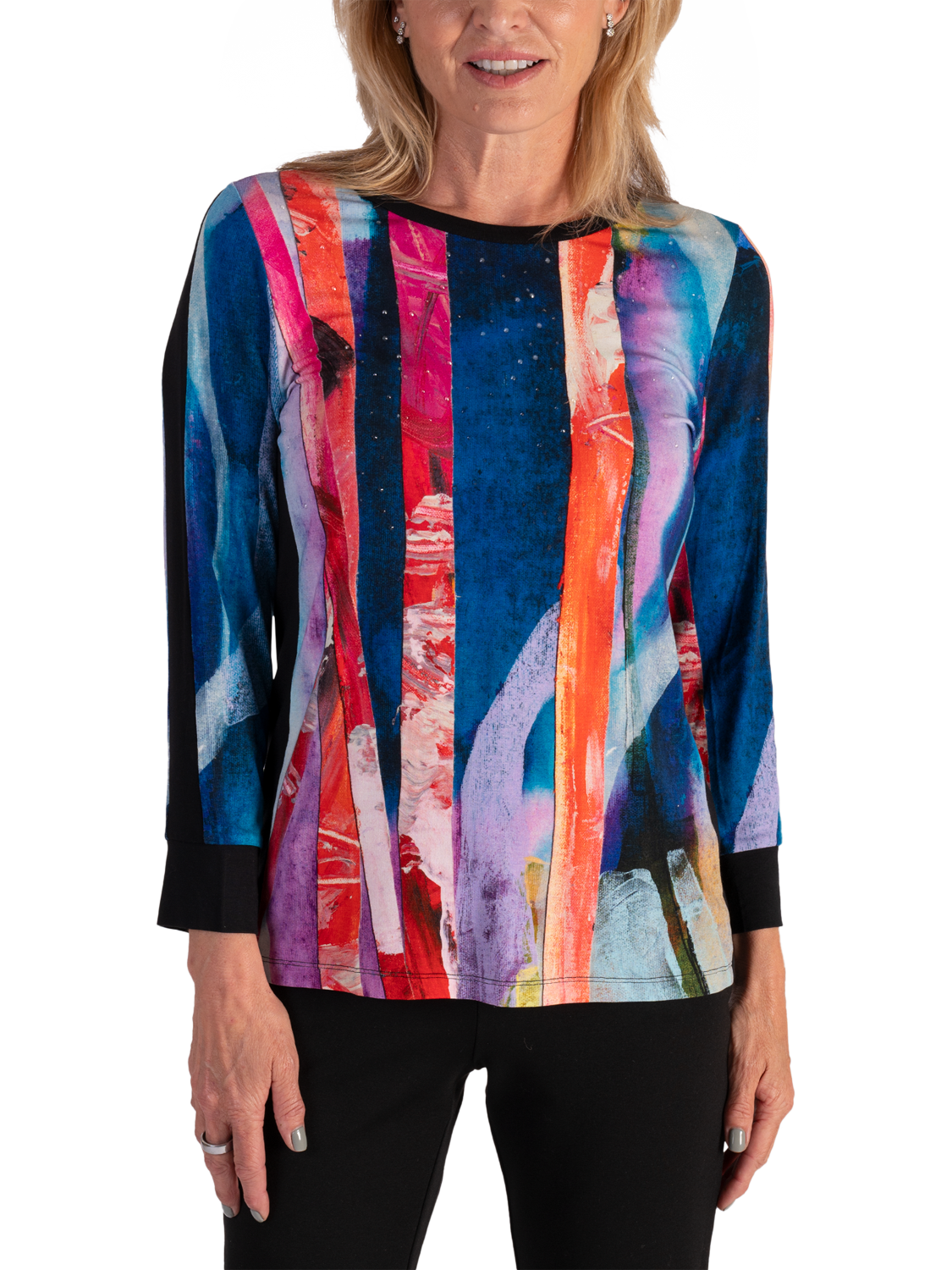 Product image 1 of 6, which shows chesca Brushstrokes Long Sleeve Jersey Top, Black/Multi, 10-12