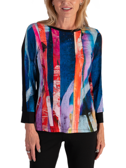 chesca Brushstrokes Long Sleeve Jersey Top, Black/Multi, Black/Multi