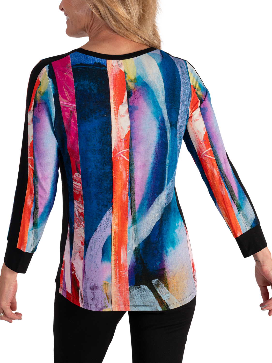 Product image 2 of 6, which shows chesca Brushstrokes Long Sleeve Jersey Top, Black/Multi, 10-12