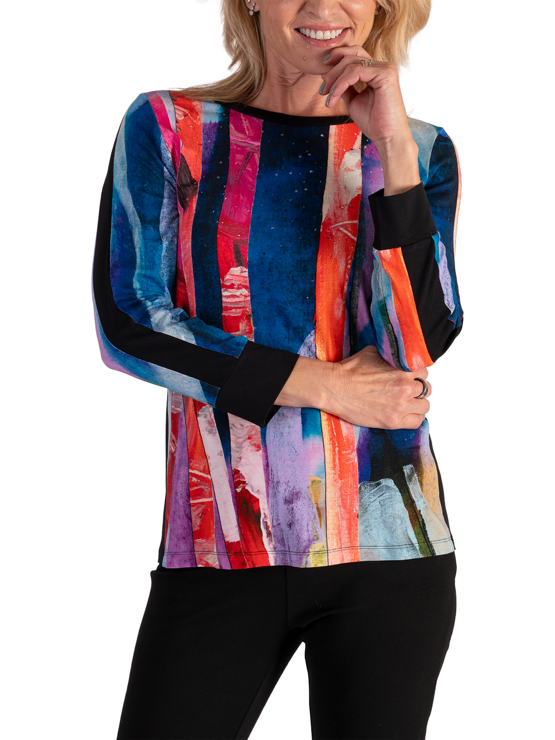 Product image 3 of 6, which shows chesca Brushstrokes Long Sleeve Jersey Top, Black/Multi, 10-12