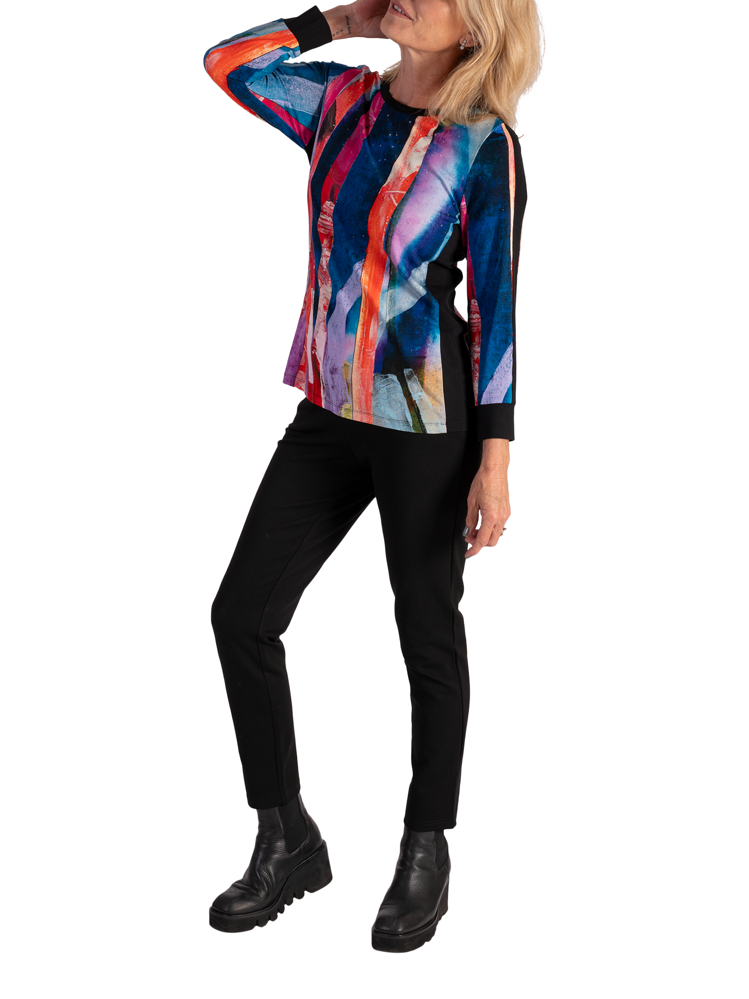 Product image 4 of 6, which shows chesca Brushstrokes Long Sleeve Jersey Top, Black/Multi, 10-12