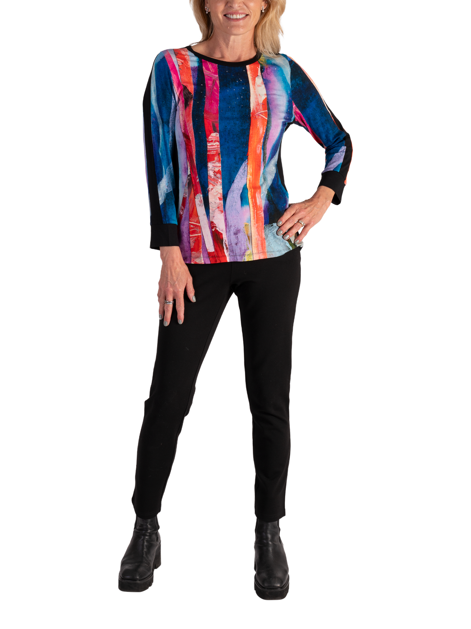 Product image 5 of 6, which shows chesca Brushstrokes Long Sleeve Jersey Top, Black/Multi, 10-12