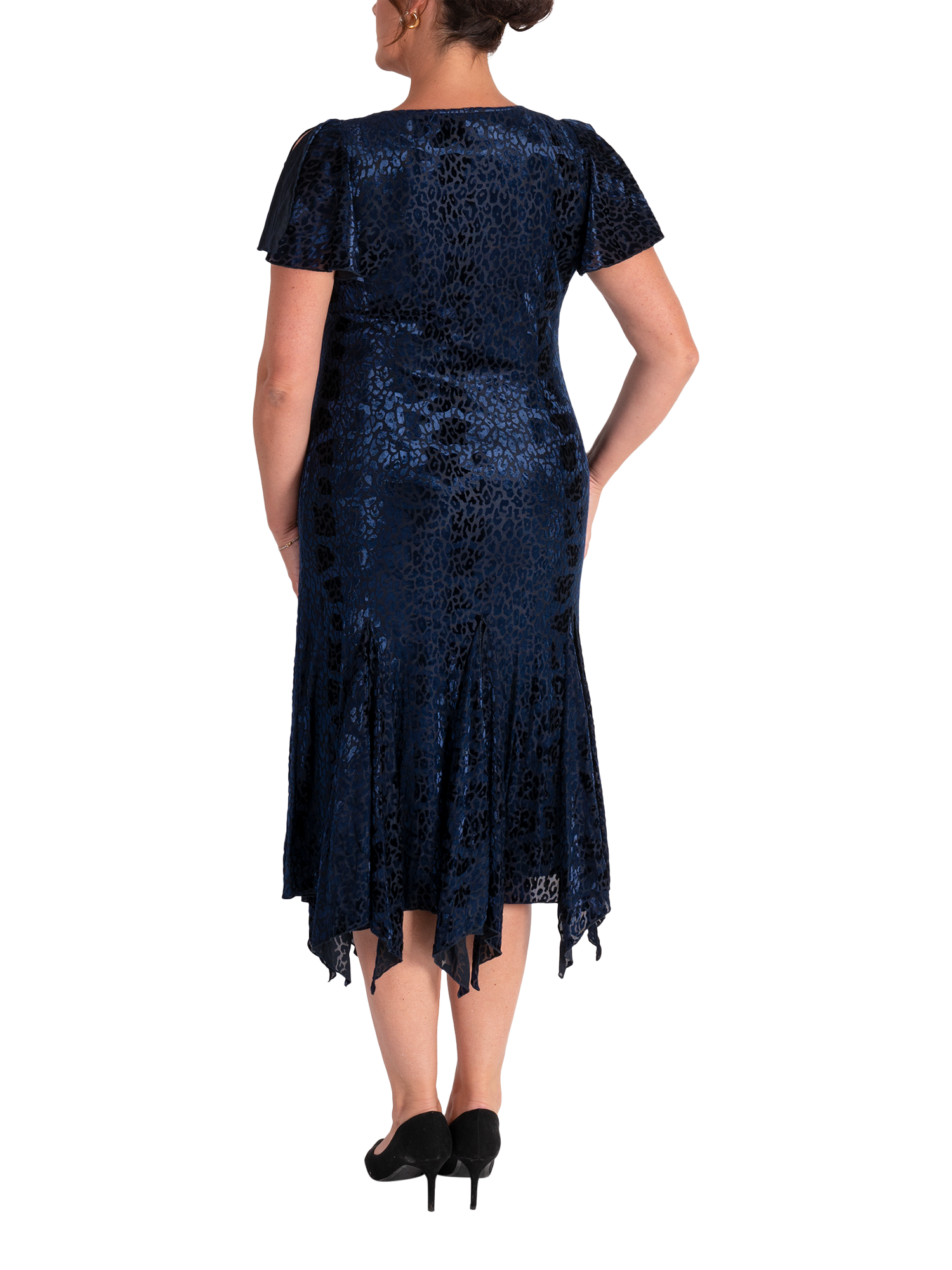 Product image 2 of 7, which shows chesca Leopard Burnout A-Line Midi Dress, Navy, 12-14