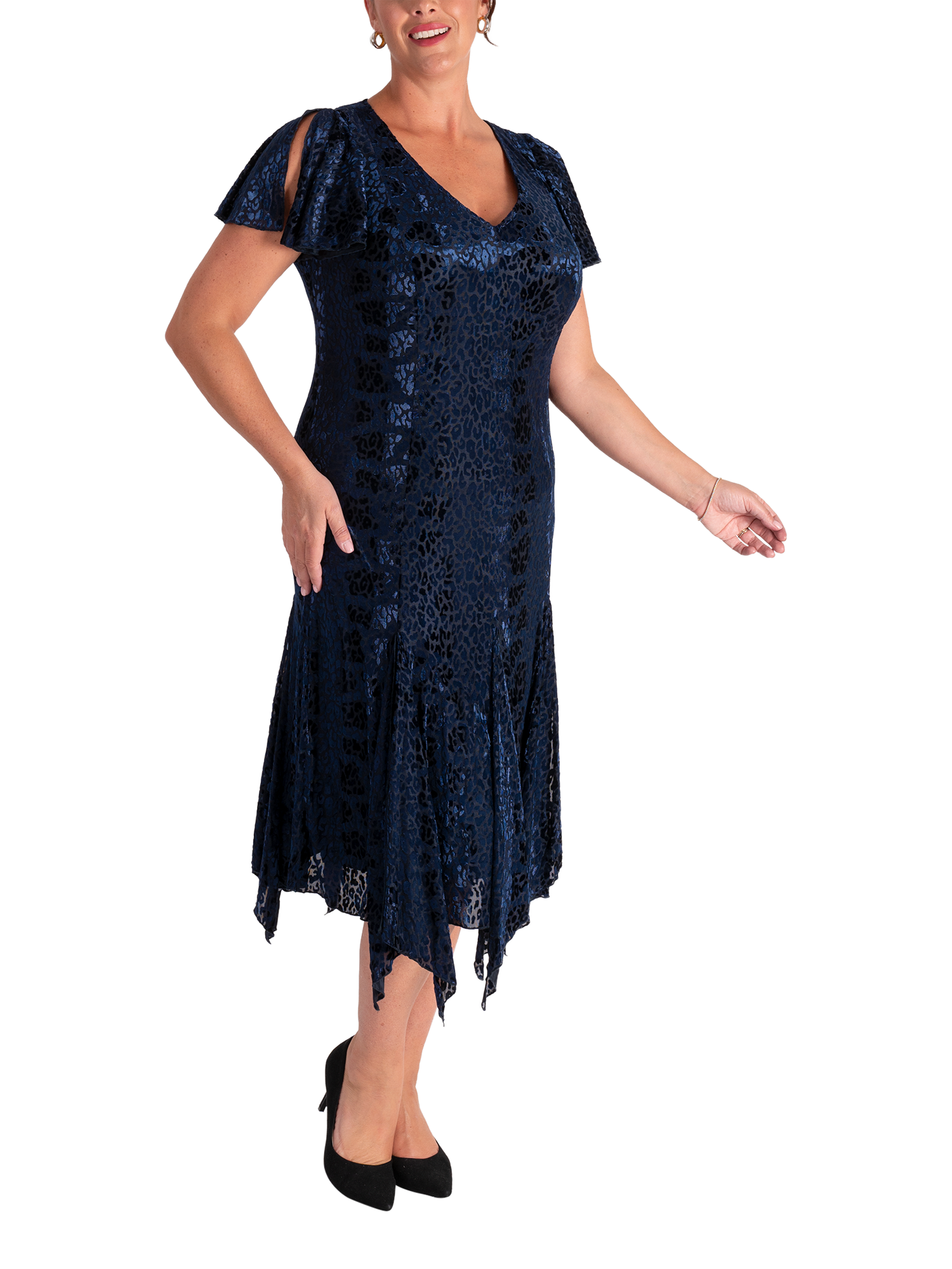 Product image 3 of 7, which shows chesca Leopard Burnout A-Line Midi Dress, Navy, 12-14
