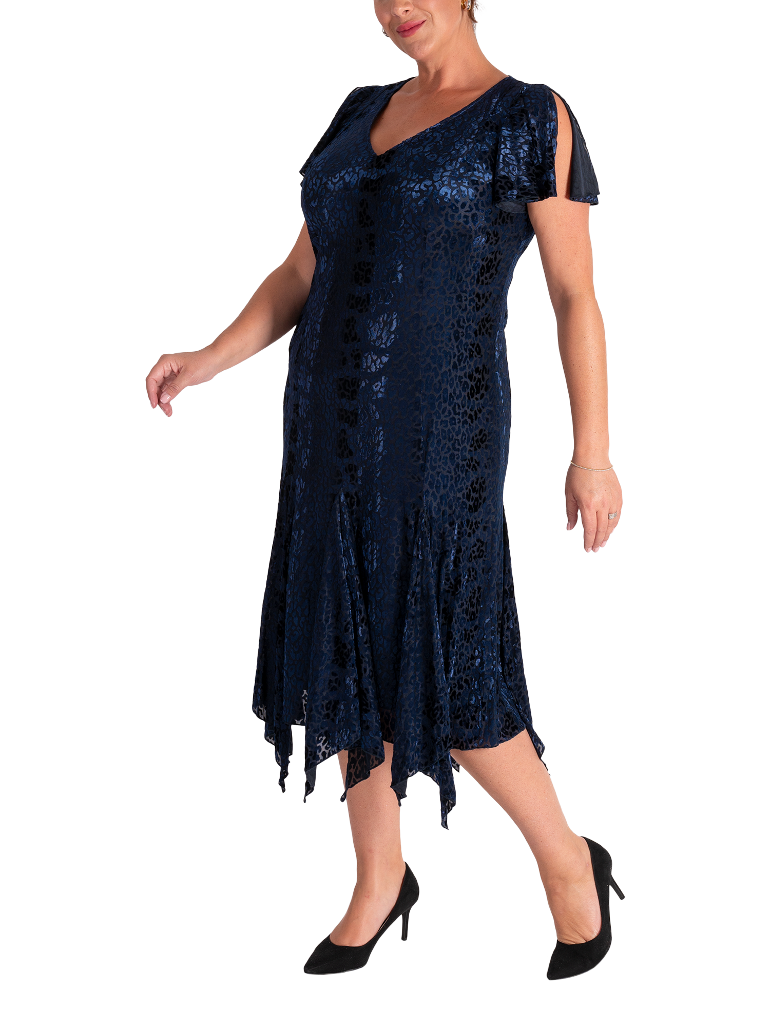 Product image 4 of 7, which shows chesca Leopard Burnout A-Line Midi Dress, Navy, 12-14