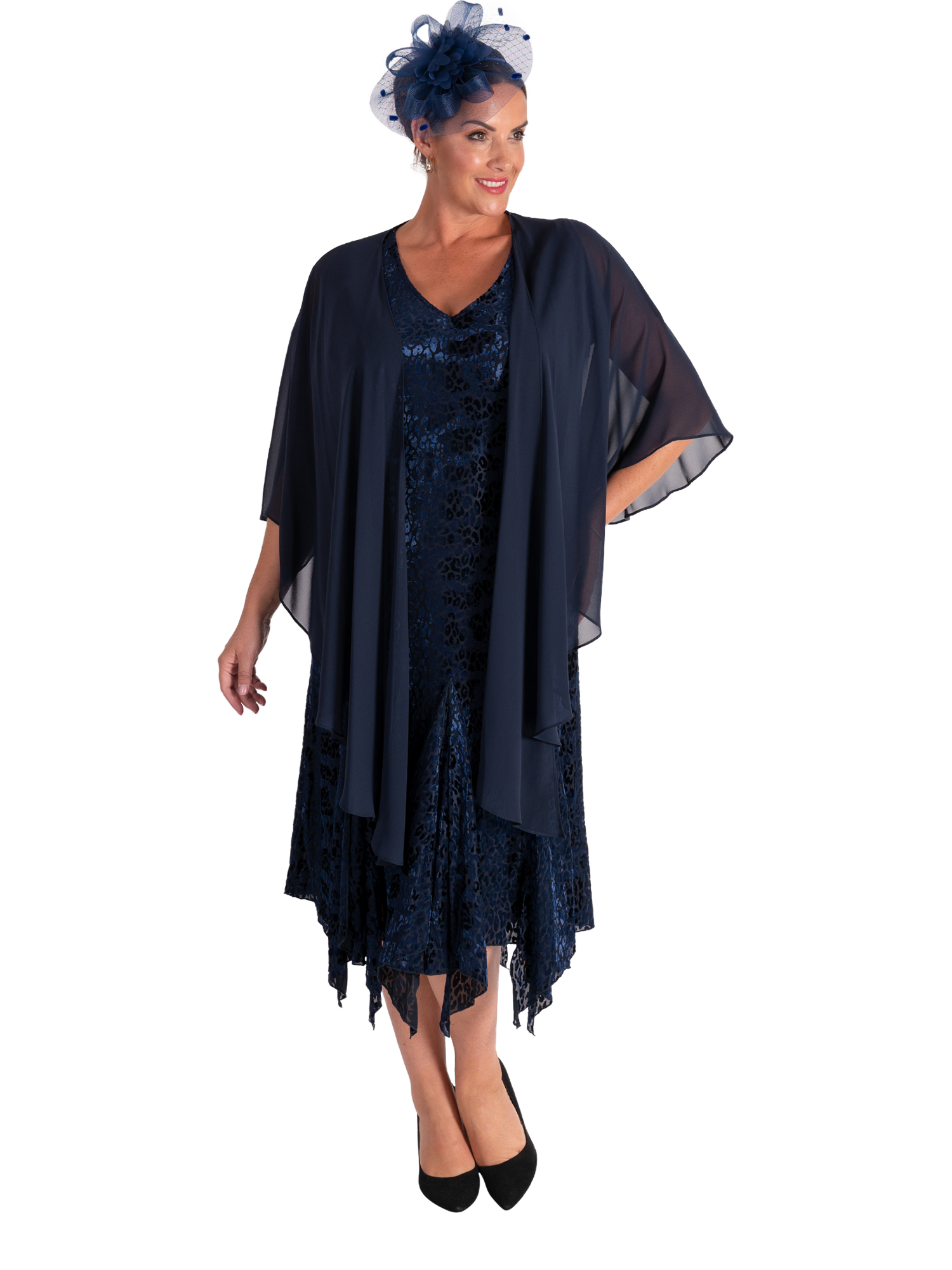 Product image 6 of 7, which shows chesca Leopard Burnout A-Line Midi Dress, Navy, 12-14