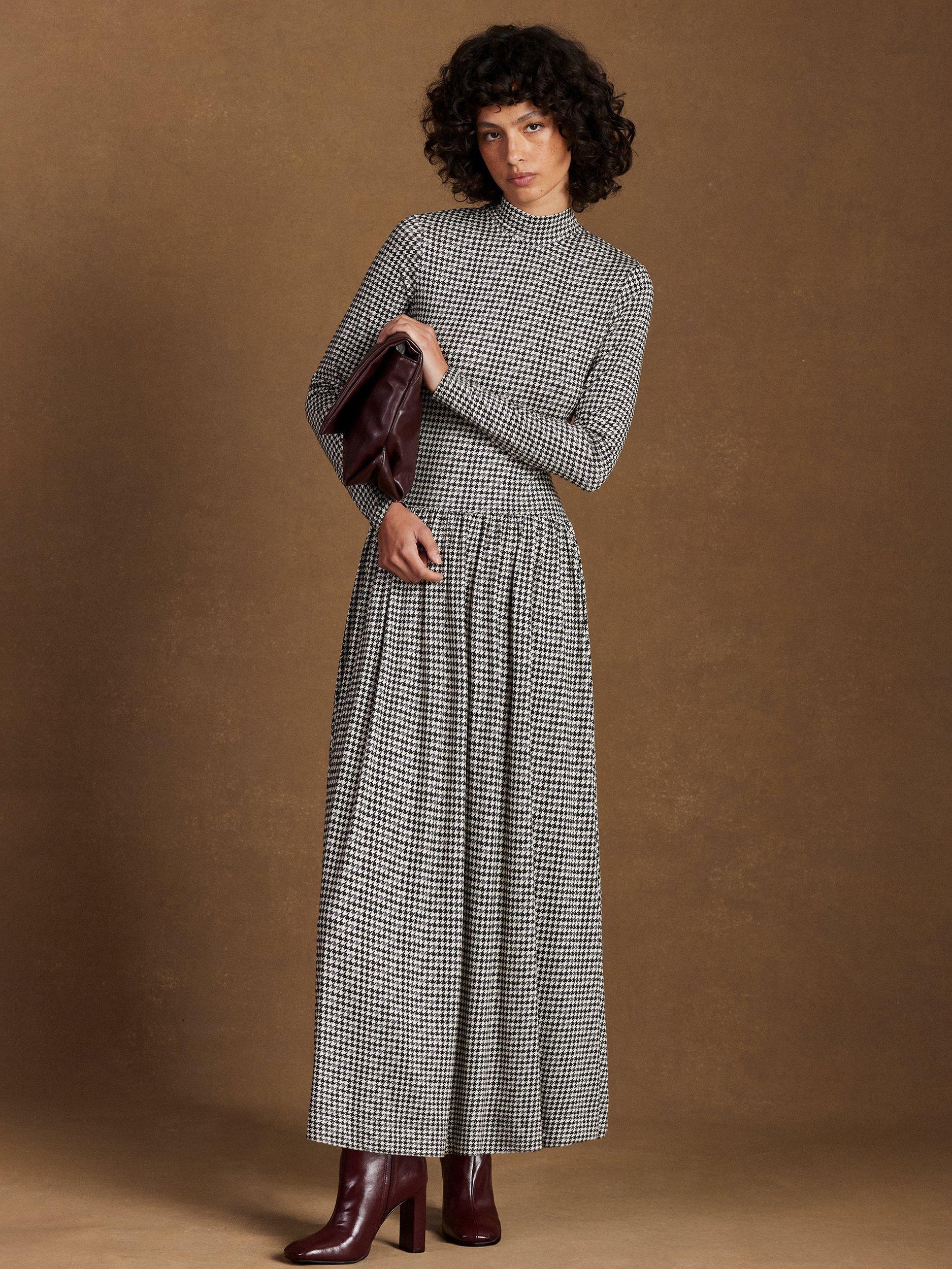 Product image 1 of 5, which shows Ro&Zo HIgh Neck Houndstooth A-Line Maxi Dropped, Grey, 6