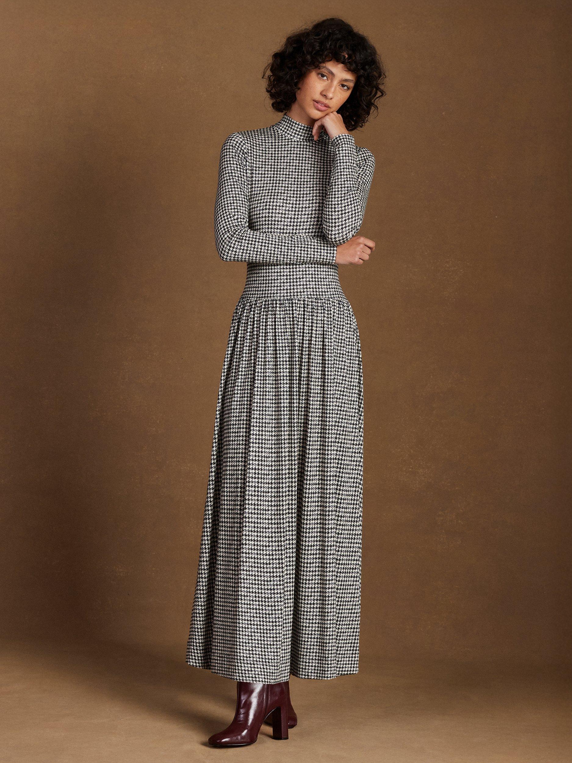 Product image 4 of 5, which shows Ro&Zo HIgh Neck Houndstooth A-Line Maxi Dropped, Grey, 6