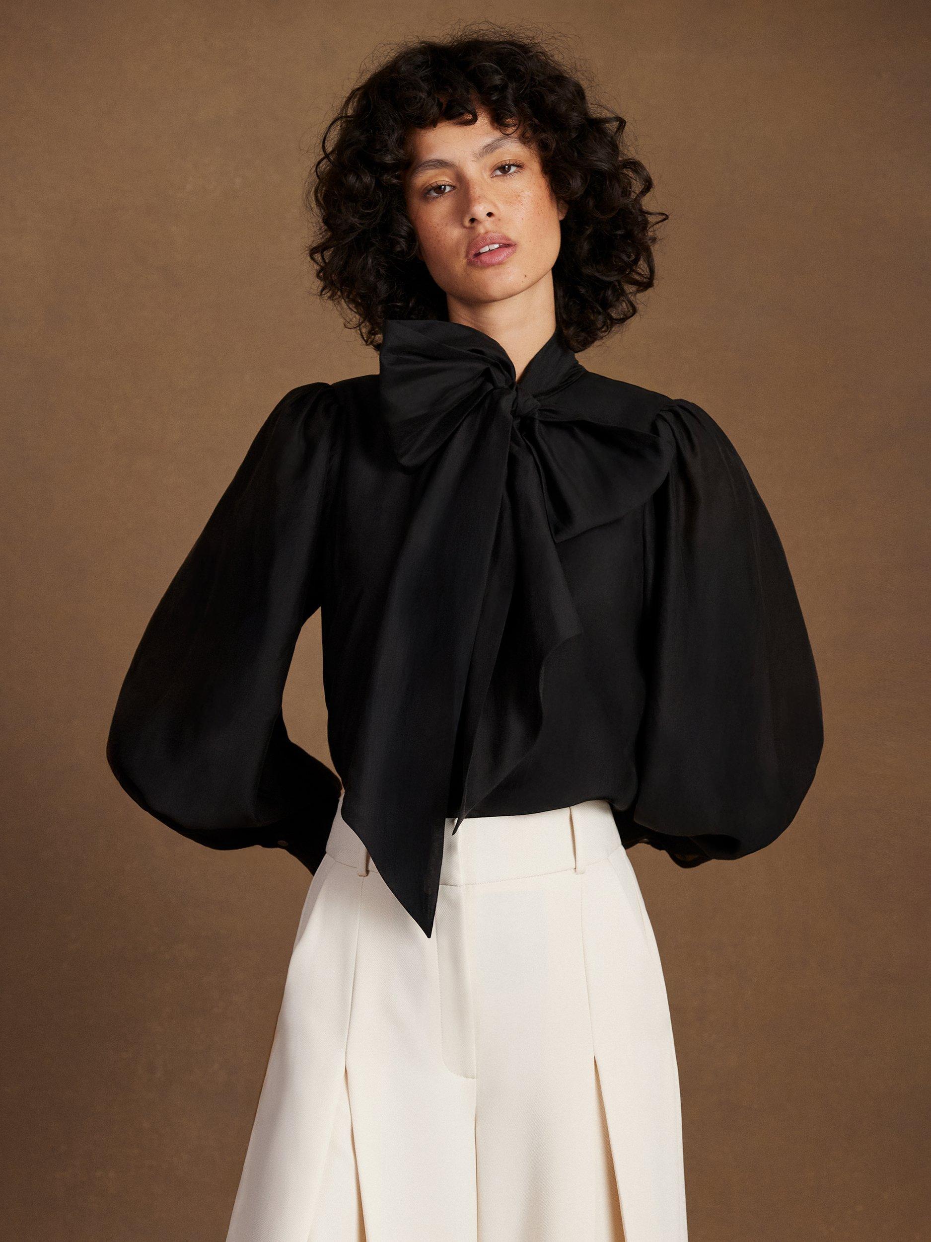 Product image 2 of 5, which shows Ro&Zo Tie Neck Bow Detail Blouse , Black, 6