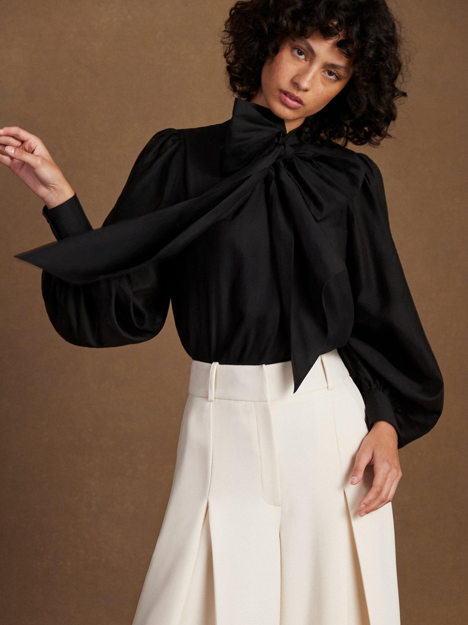 Product image 3 of 5, which shows Ro&Zo Tie Neck Bow Detail Blouse , Black, 6
